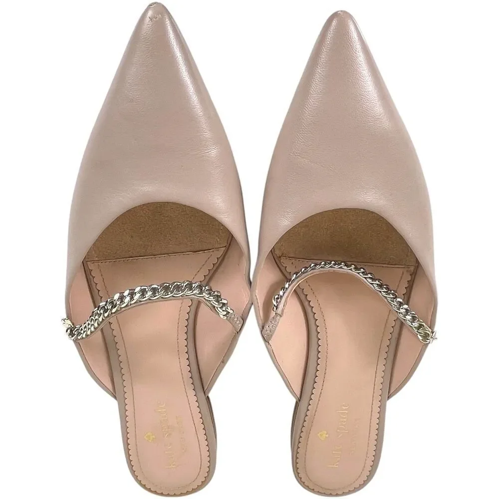 Kate Spade Isadora Beige Leather Chain Mules Pointed Toe Size 8.5